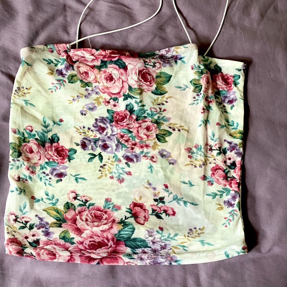 White Floral Mesh Crop Top